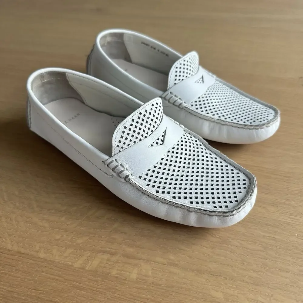 Cole Haan Trillby Driver Penny Loafers 6.5B White Perforated Leather Classic